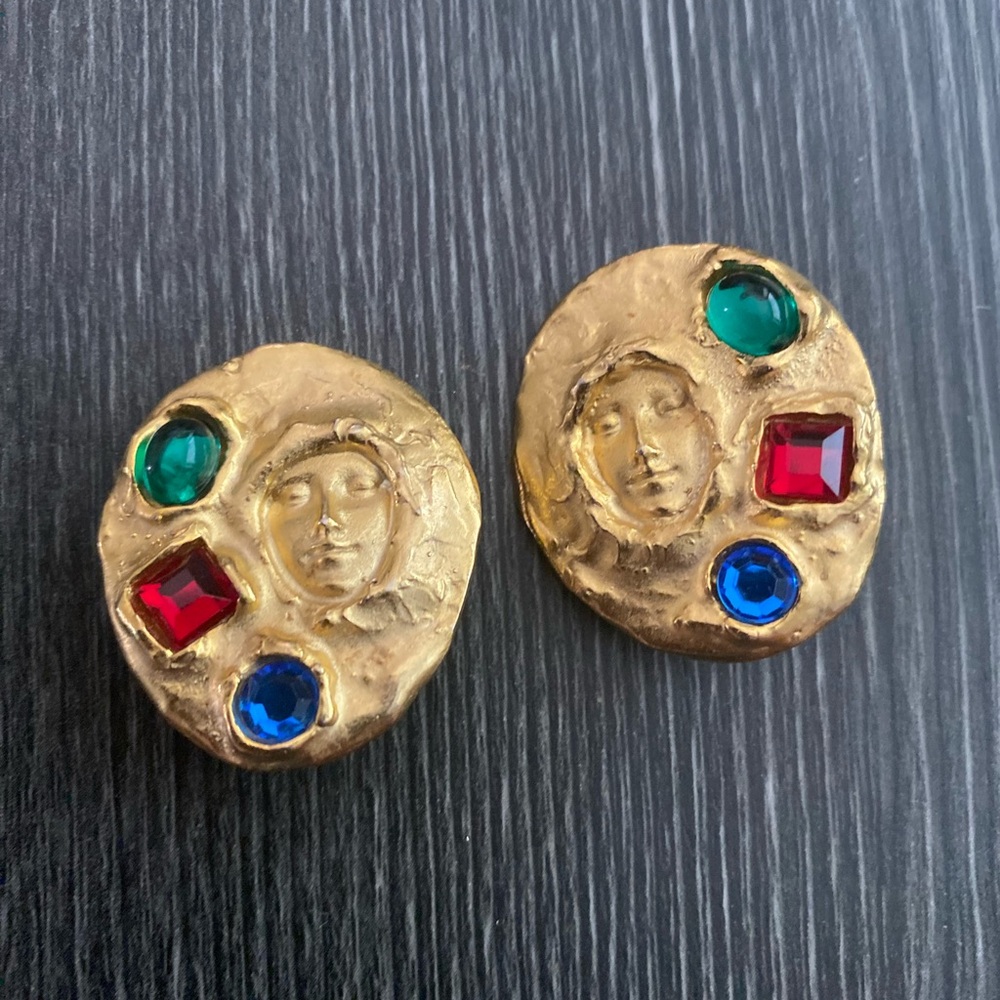 Gold Toned Medallion  face Earrings with Red, Green and Blue Gem Accents